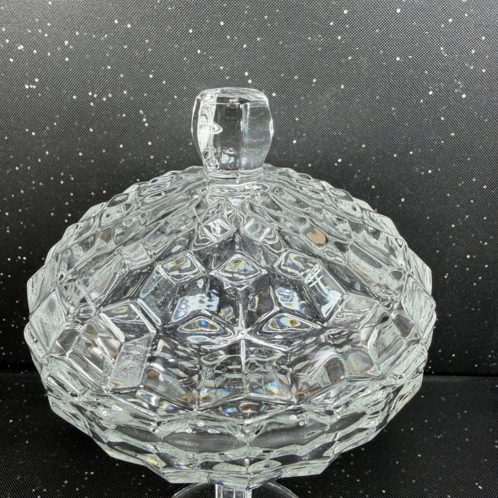 Fostoria American Clear Glass Cubist Pedestal Compote Lidded Candy Dish 9in Tall
